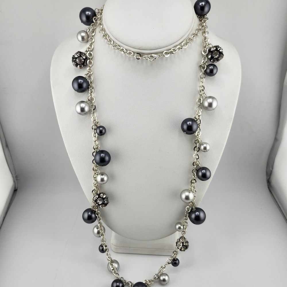 Silver Tone  Gray Faux Pearl Bead Necklace‎ Long